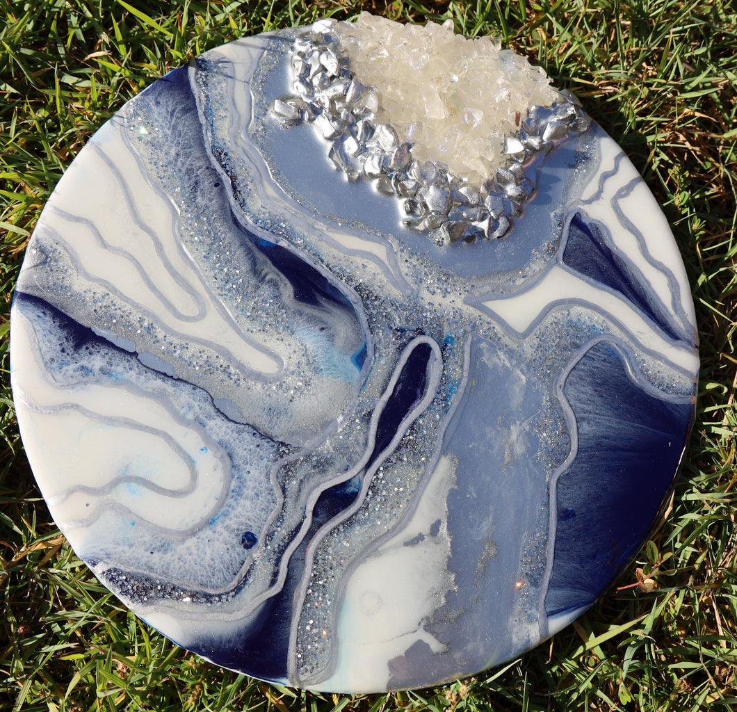 Blue and Floating Silver Resin Geode Board